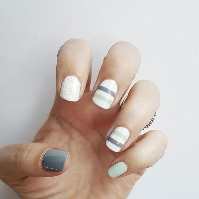 Green gray stripe on white nails